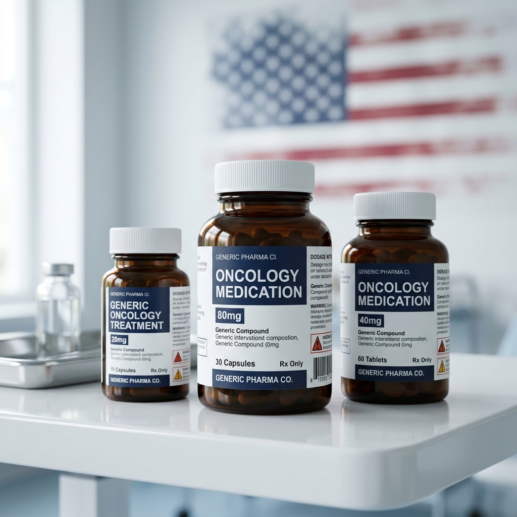 Generic cancer medicine packaging on a table alongside a clinical brochure on cost saving channels